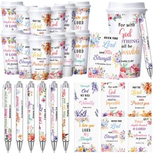 Skylety 36 Pcs Church Gifts Bulk for Women 16 oz Religious Bible Verse Plastic Tumblers Coffee Cups, Scripture Quote Pens and Notebooks Christian Set for Women Men Appreciation Mother Mom Gift