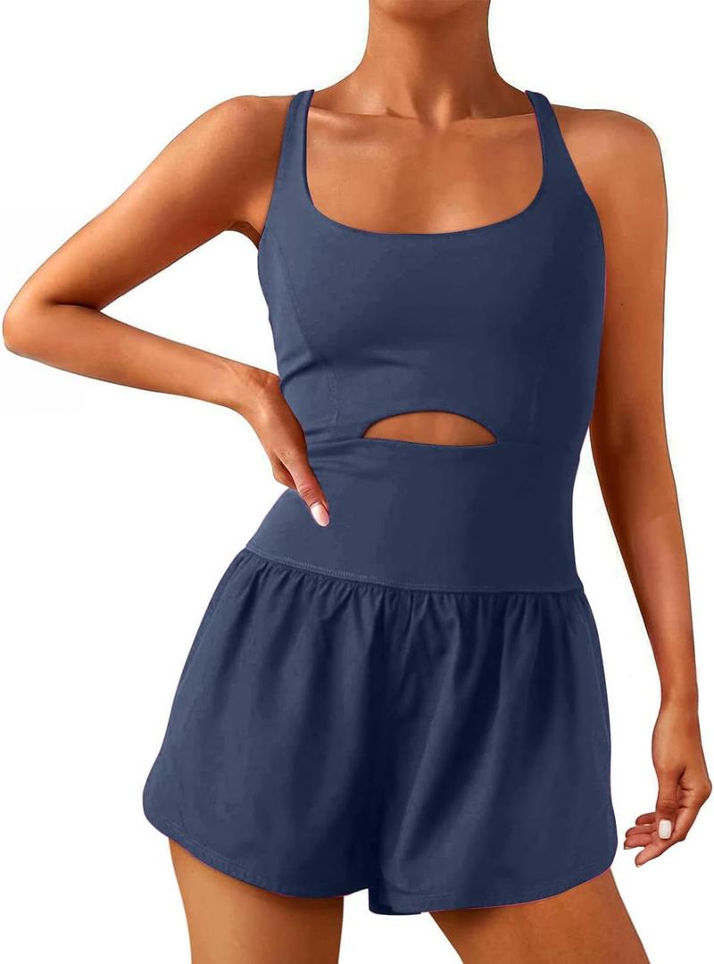 Womens Workout Romper Sexy Sleeveless Athletic Rompers One-Piece Running Onesie Jumpsuit Summer Gym Casual Valentine Gift, Navy Blue, L