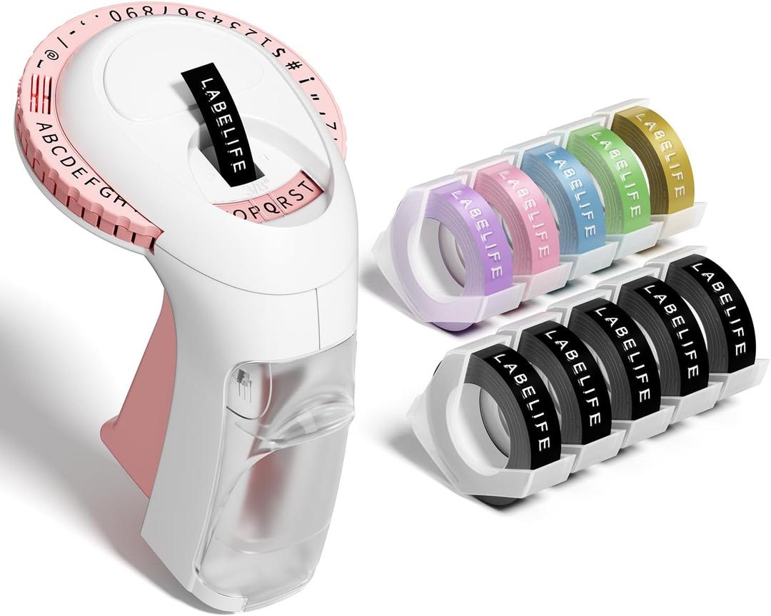 Lablife Embossing Label Maker Machine with Tapes,Omega S Vintage 3D Embosser,Old School Handheld Label Printer, Portable Retro Embossed Labeler with 10 Rolls Embossing Tape for Home Office DIY, Pink (Pink with Black*5/Gold/Purple/Pink/Blue/Green)