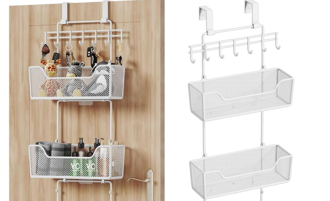 HapiRm Over Door Organizer Storage - Hanging Door Organizer with 2 Metal Large Capacity Baskets and Adjustable Coat Hook for Bathroom Bedroom Kitchen Pantry Closet Cabinet