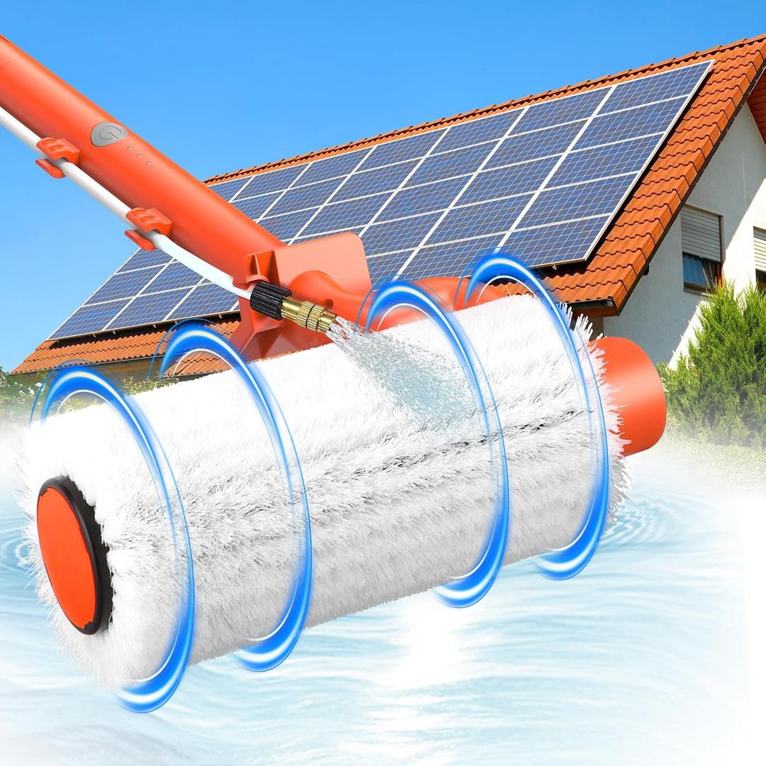 Electric Solar Panel Cleaning Brush and Pole, 20FT Telescopic Cleaning Roller Brush with Water Fed Pole2 Hours Runtime, 2 Spin Speeds, for Solar Panlel, Outside High Window, Roof (Orange)