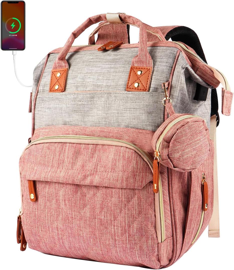 MosaiRudo Diaper Bag Backpack Baby Bag,Waterproof, Travel Diaper Bags with Pacifier Case for Baby Girl Boy Backpack for Women (Pink-Gray)