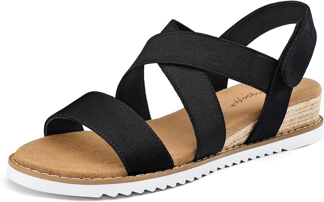 mysoft Women's Wedge Sandals Casual Low Heel Comfortable Walking Espadrilles Elastic Strap Slip on Shoes (Black, L)