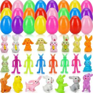 Menzcci 24 Pack Easter Bunny Party Favors Toys for Easter Basket Stuffers, Bunny Stretchy Toys Bunnies Decorations with 24 Pcs Plastic Easter Eggs for Kids Easter Egg Fillers Essentials Gifts
