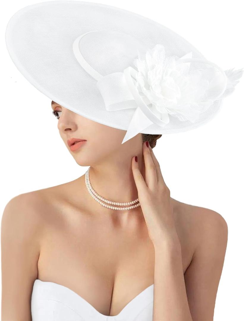 dressfan Church Fascinator Derby Hats for Women,20s 50s Linen Vintage Derby Hat for Church/Wedding/Cocktail/Tea Party (White)