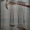 Beach Coastal Canvas Wall Art: Seaside Palm Tree Painting Ocean Swing Hanging on Coconut Trees Picture Light Blue Sky Seascape Artwork Decor for Living Room 36"x24"x1panel