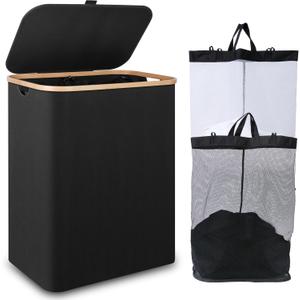iEGrow 150L Laundry Basket with Lid,Large Laundry Hamper with Bamboo Handles, Hampers for Laundry, Dirty Clothes Hamper with 2 Removable Inner Bags for Clothes Toys Towels,Black
