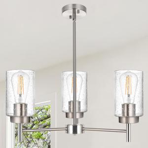 3-Lights Dining Room Chandelier, Brushed Nickel Pendant Lighting Fixture for Kitchen Island, Seeded Glass Hanging Ceiling Lights Over Table, E26 Bulb Base