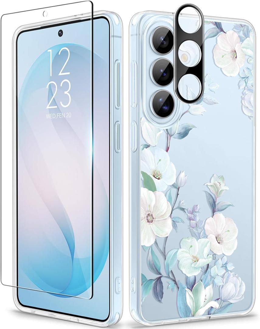 GVIEWIN for Samsung Galaxy S26 Plus Case, Clear Floral Slim Shockproof Protective Women Phone Case, Non-Yellowing, with Screen Protector&Camera Lens Protector for S26 Plus 6.7", Hibiscus