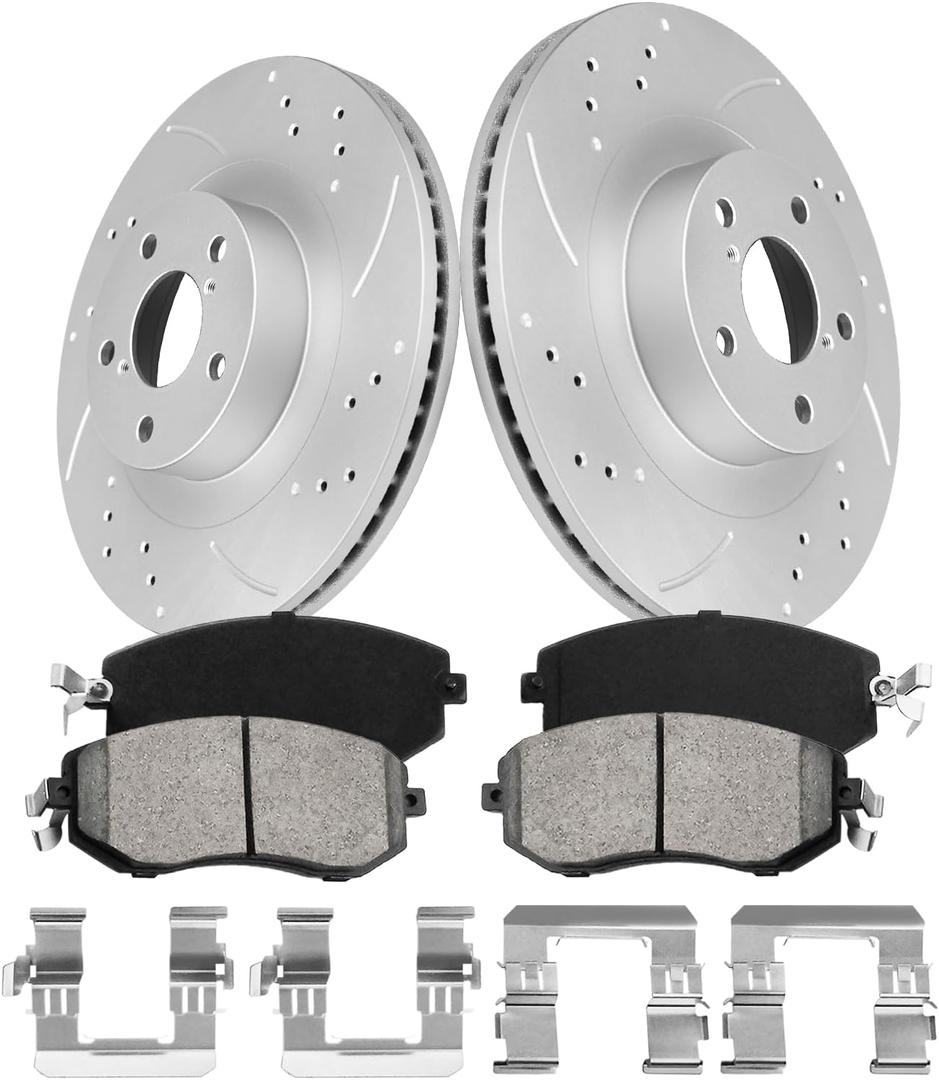 Front Brake Disc Rotors and Ceramic Brakes Pads Compatible with 2010-2018 Subaru Forester, 2013-2014 Outback,Automotive Replacement Brake Kits Geomet Drilled and Slotted Rotors 293.4mm(11.6in)
