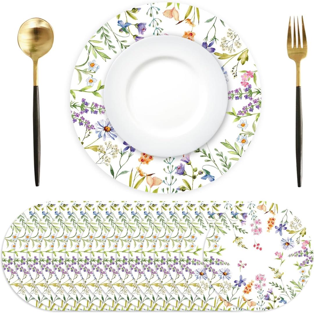 Paper Placemats Disposable 50 Pack Spring Flowers Place Mats 13.4 Inch Round Decorative Wildflower Table Mats for Spring Birthday Bridal Wedding Party Supplies
