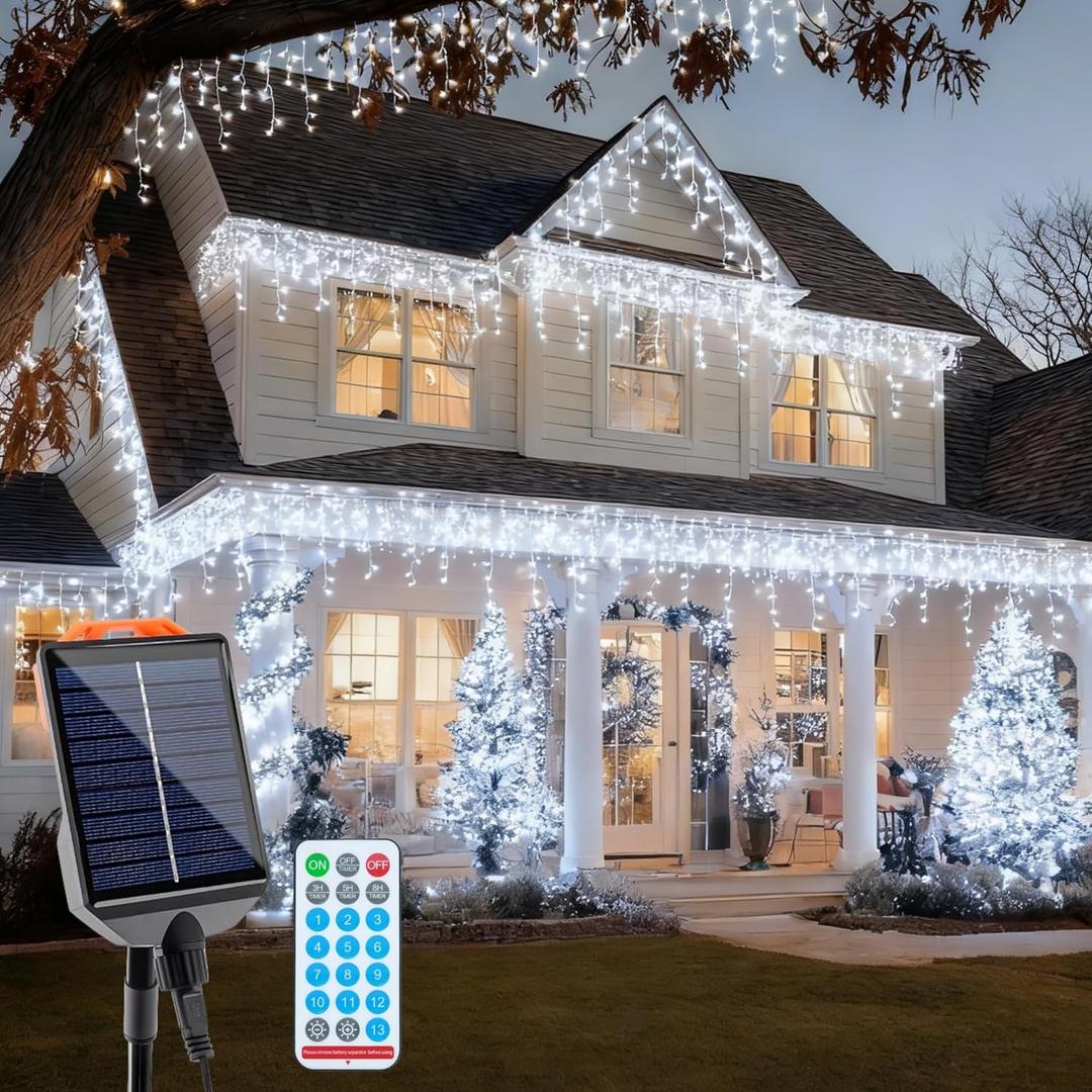 Solar Christmas Lights Outdoor 640LED 16Ft+60Ft, Solar Icicle Lights Waterproof with 13 Modes Rechargeable for Outside Roof Fence Christmas Decorations (Cool White)