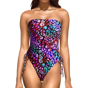 Yonique Women Strapless One Piece Swimsuit Tummy Control Bandeau Bathing Suit Cheeky Swimwear (Small, Color Leopard)