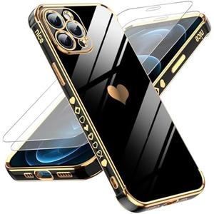 LeYi for iPhone 15 Pro Max Case: with Tempered Glass Screen Protector [2 Pcs]+ Full Camera Lens Protection, Love Heart Plating Cute Luxury Soft TPU Shockproof Case for iPhone 15 Pro Max, Black (3 Pcs)