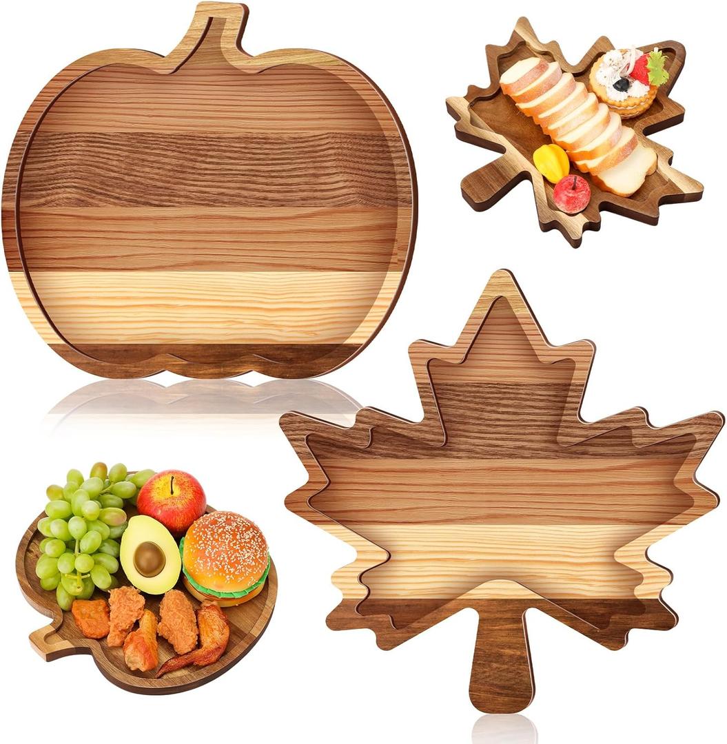2 Pcs Fall Charcuterie Board Fall Wooden Platters Thanksgiving Serving Platters and Trays Cheese Wood Plate Food Serving Board for Fruit Charcuterie Party (Pumpkin, Maple Leaves)