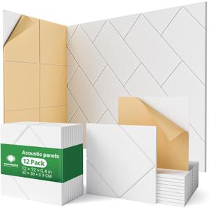 12 Pack Acoustic Panels, 12" x 12" x 0.4" Decorative Sound Absorbing Panels for Walls, Ceilings & Doors, Self-Adhesive Peel & Stick Acoustic Art Tiles for Office, Game Room, Music Studio Pared (White)
