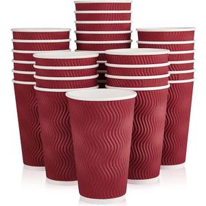 JollyPack 45 Pack 16 Oz Paper Coffee Cups, Wine Red Disposable Beverage Cups with Insulated Ripple Wall for Coffee, Tea, and Hot Chocolate