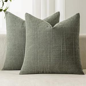 MIULEE Decorative Linen Check Throw Pillow Covers Neutral Farmhouse Vintage Spring Pillow Covers 16x16 Set of 2 Boho Modern Home Decor for Sofa Couch Bedroom Cushion Olive Green