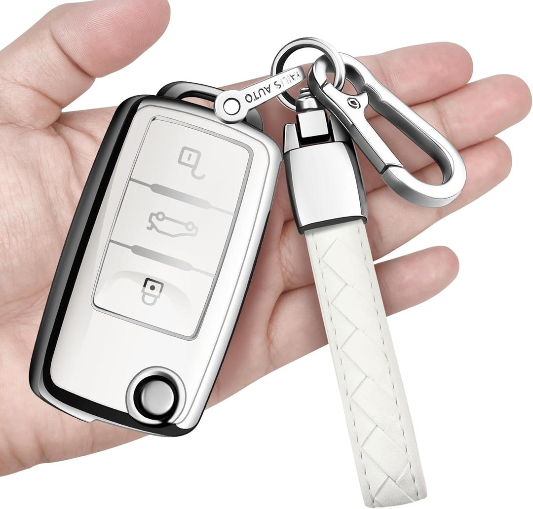 for Volkswagen Key Fob Cover with Keychain Soft Full Protection Key Shell Key Case Compatible with VW Jetta Golf Polo Passat MK8 Tiguan Beetle (White), 3 Buttons