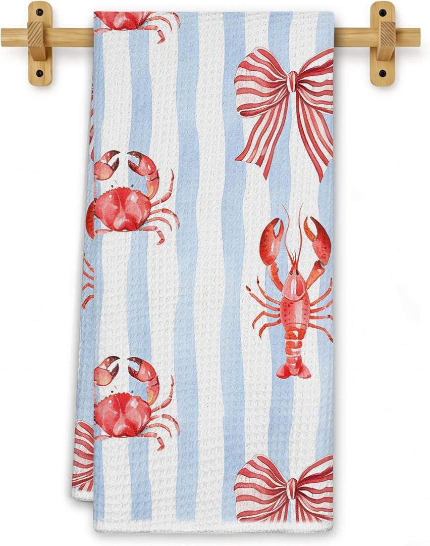 Red Lobster Crab Coastal Kitchen Towels, Preppy Beach Crawfish Dish Tea Towels for Kitchen Decor, Blue Striped Nautical Decorative Hand Towel for Bathroom, Seafood Boil Party Supplies, 16x24 Inch