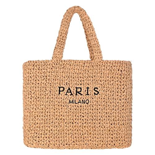 OWGSEE Large Straw Beach Bag for Women Summer Woven Shoulder Tote Bag Straw Purses and Handbags for Vacation (Khaki)