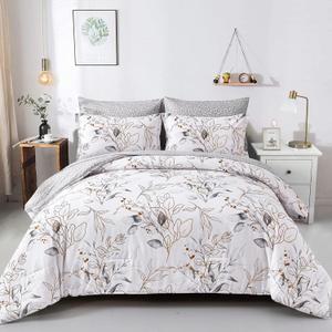 Grey 7 Pieces Grey Floral Comforter Set King, Botanical Bed in a Bag Reversible Golden Leaves Bedding Set Soft Microfiber King (1 Comforter,2 Pillowcase,2 Pillow Shames,1 Flat Sheet,1 Fitted Sheet)