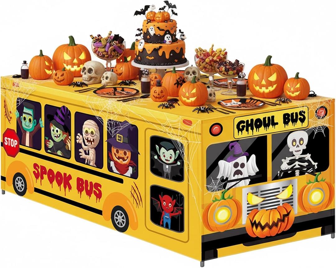 Peryiter 5.5 Ft Halloween Ghost Bus Theme Boo Party Spooky Bus Washable Fabric Polyester Rectangular Tablecloth Protector for Halloween Party Decoration