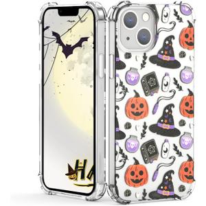 YESPURE for iPhone 14 Case,Cute Pumpkin Ghost Halloween Pattern Design,Transparent Soft TPU Anti-Yellowing Anti-Scratch Shockproof Protective Cover Clear Case for iPhone 14 6.1 inch