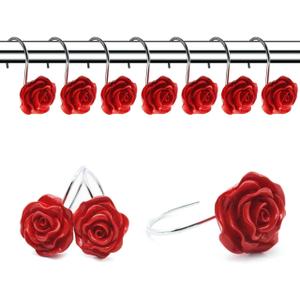 12 PCS Home Fashion Decorative Anti Rust Shower Curtain Hooks Rose Design Shower Curtain Rings Hooks (RED)