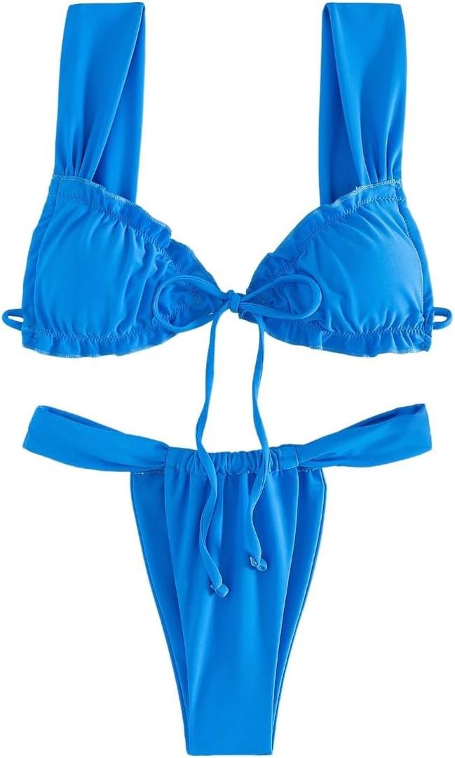 Women's Two Piece Swimsuits Frill Trim Tie Front Bathing Suit Wide Straps High Cut Sleeveless Bikini Sets (Medium, Blue)