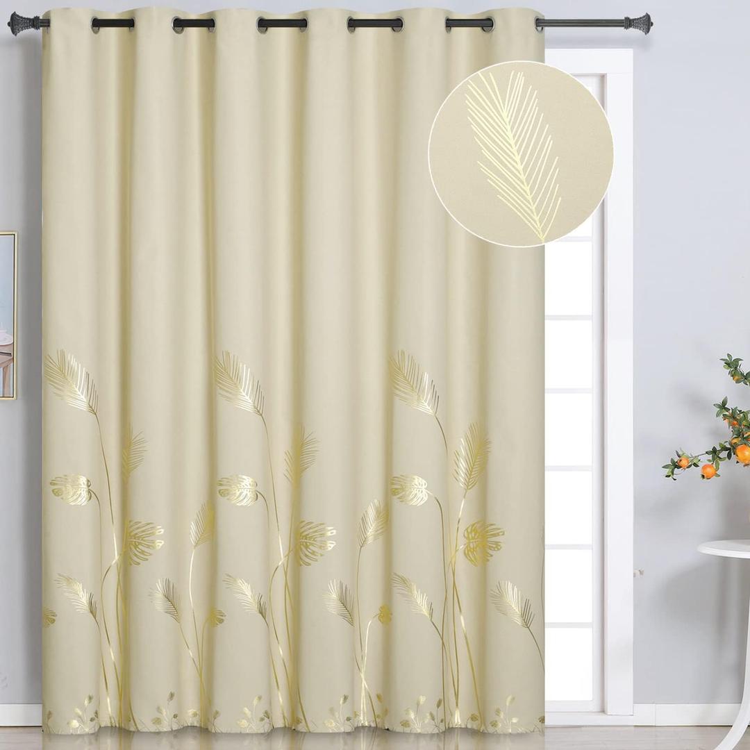 Estelar Textiler Beige Room Darkening Curtain for Sliding Door 80W x 96L Inch Long Thermal Insulated Grommet Gold Printed Curtain for Patio Door, 6.6ft Wide x8ft Long, 1 Panel