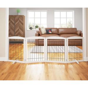 PAWLAND Extra Wide Dog gate for The House, Doorway, Stairs, Dog Fences Indoor, Freestanding Foldable Wooden Pet Gates for Dogs, Set of Support Feet Included, 96 in Wide 30 in Tall, 4 Panels White
