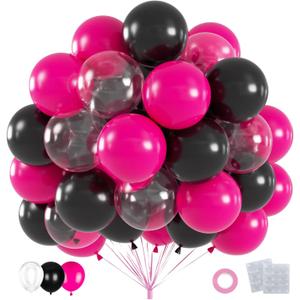 60pcs Hot Pink Black Clear Balloons Kit, 12 Inch Gothic, Glam & Princess Theme Party Balloons for Birthday, Graduation, Halloween, Mother's Day & Boho Chic Events Decorations