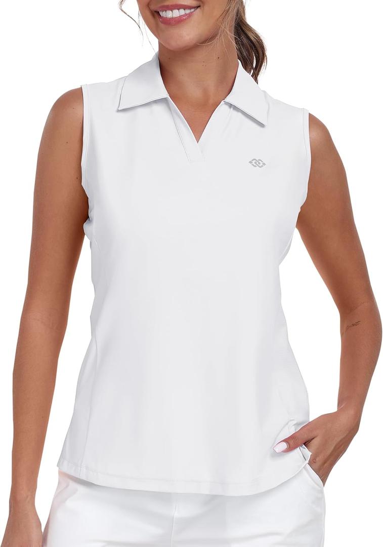 MoFiz Women's Sleeveless Golf Polo Shirts Tennis V Neck UPF 50+ Quick Dry Lightweight Athletic Collared Tank Tops (White, S)