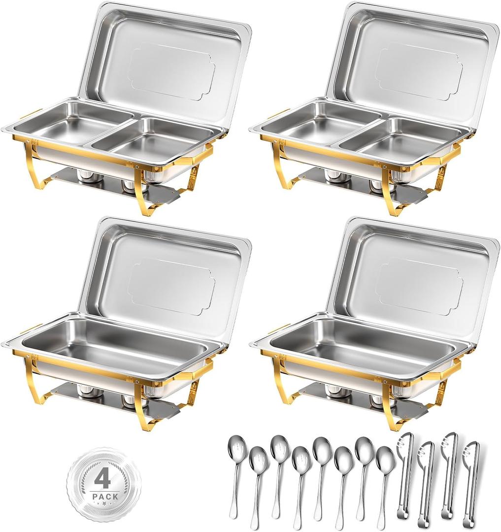 Chafing Dishes for Buffet, 8 Qt High Grade Chafing Dish Buffet Set, Rolled-Edge Design Food Warmers for Parties, Buffet, Wedding, Birthday, Camping 4 Pack 6 Pans [Half Gold]