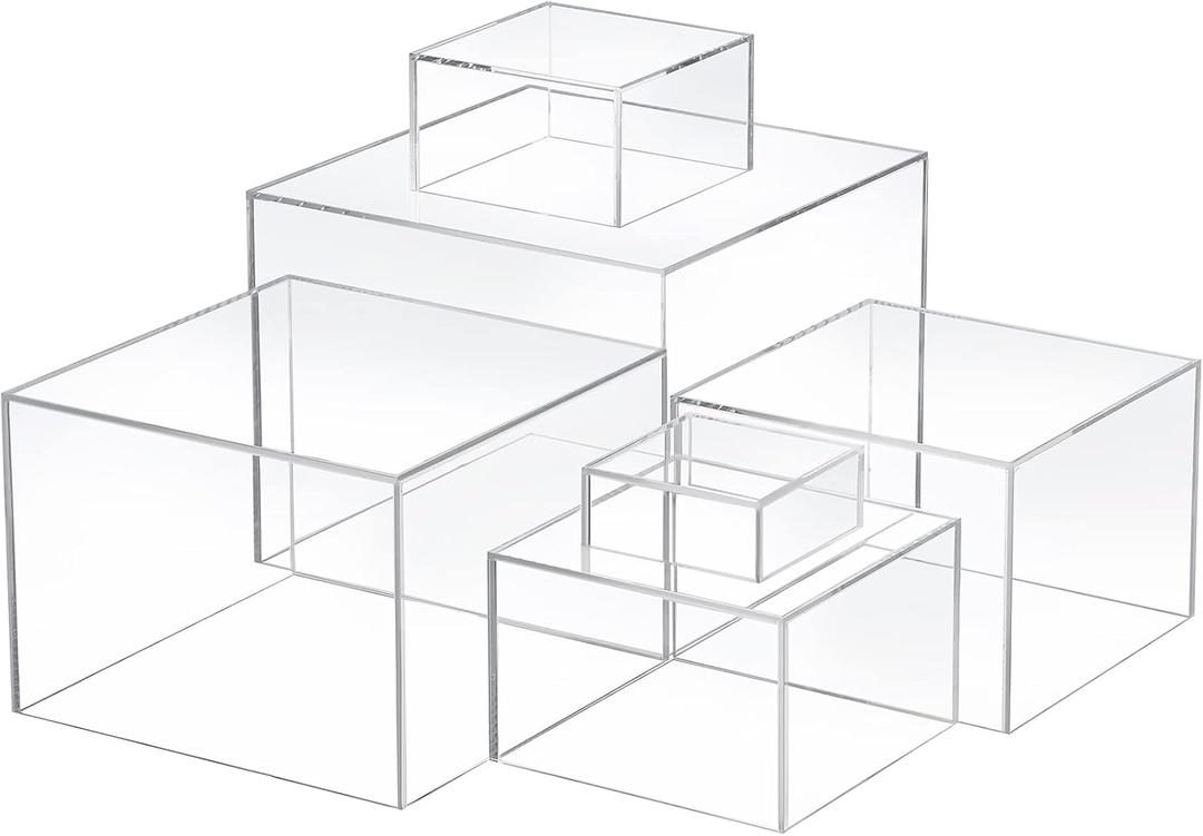 Geelin 6 Pack Acrylic Risers for Display Acrylic Cube Boxes Risers Display Stands with Hollow Bottoms Decorative Stand for Jewelry Candy Table Decor 6 Sizes(Clear,3 to 8 Inch,Square)