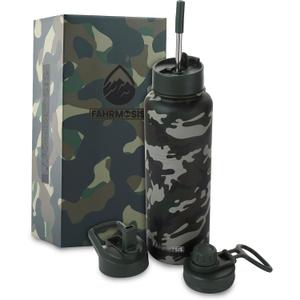 40 Oz Water Bottle with Straw Stainless Steel Sports Water Bottle with 3 Lids (Straw, Chug and Flip Lid) Insulated Leak Proof Metal Jug for Men & Women - Camo