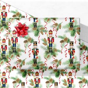 2 x GIOLNIAY Nutcracker Christmas Wrapping Paper for Kids Adults - Holiday Gift Wrap with Nutcracker, Ribbons & Greenery on White - 4 Jumbo Sheets, 28" x 40" Each (31 sq. ft ttl), Easy to Store