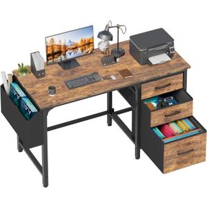 Lufeiya Computer Desk with File Drawers Cabinet, 47 Inch Reversible Home Office Desks with Fabric Filing Cabinet for Small Space, Study Writing Table PC Desks, Rustic Brown (46.6")