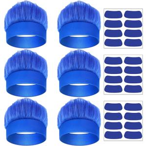 6 Pcs Hairy Headbands Trolls Flowy Crazy Hair & Stickers - Spirit Week Accessory Sports Cheering Headwear Costume Props (Blue) (Blue)
