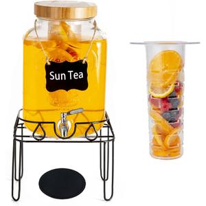 2 Gallon Glass Drink Dispenser with Stand and Bamboo Lid, Lemonade Dispenser with Stainless Steel Spigot, Glass Beverage Dispenser for Parties, Weddings, Kombucha, BBQ