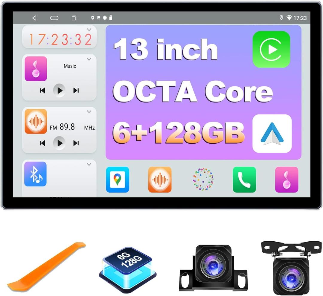 6+128GB 13 inch Double Din Touch Screen Android Car Stereo with Front and Rear Camera Octa Core Android 13 QLED Bluetooth GPS Radio DSP AM FM RDS SWC WiFi MIC