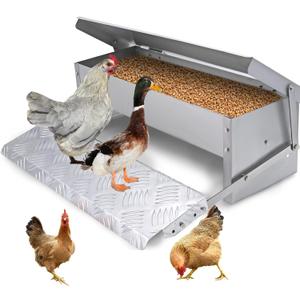 Stainless Steel Chicken Feeder Automatic Treadle Feeder for Outdoor,15lb Poultry Feeder No Waste with Weatherproof Lid,Chicken Coop Food Trough for Chicken,Duck,Bantams,Pheasants