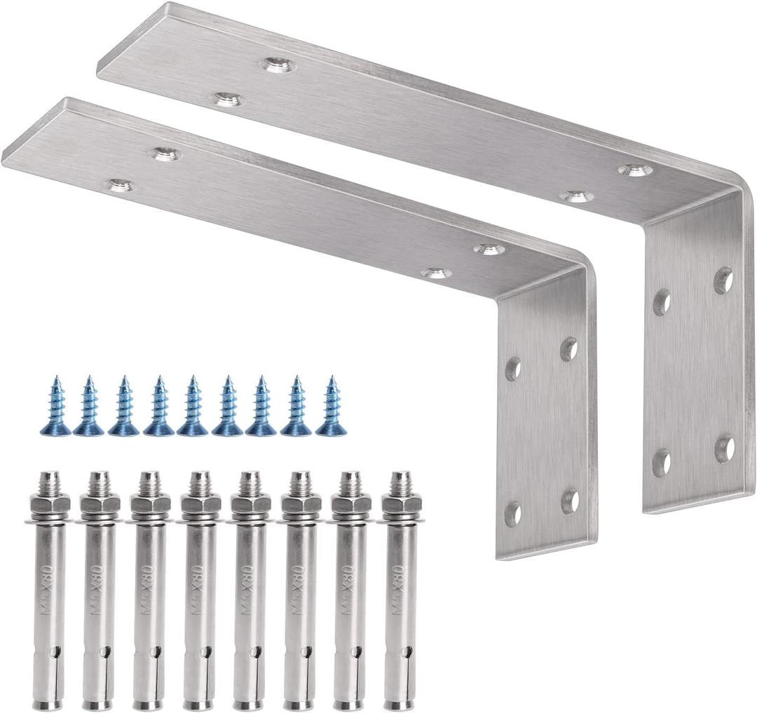 YUMORE Stainless Steel L Bracket, 10x6x2 in Shelf Brackets Heavy Duty, 1/5IN Extra Thick Solid Countertop Bar Top Support Brackets Wall Mounted, 2 Pack