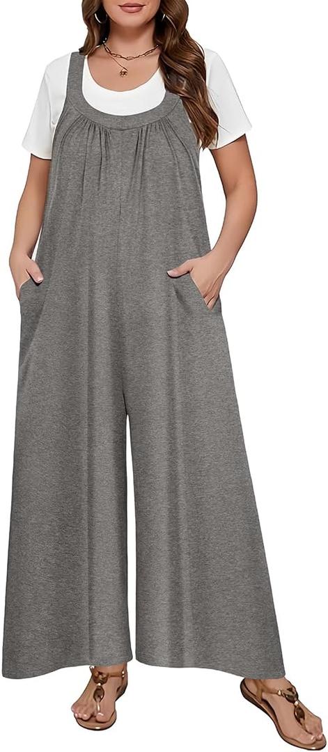 TIYOMI Plus Size Women's Summer Casual Overalls Loose Wide Leg Jumpsuits Adjustable Straps Baggy Rompers With Pockets XL-5XL (Gray, XXXL)