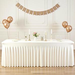 8ft Ivory Spandex Table Cloths for Rectangle Tables Wrinkle Free Ivory Rectangle Tablecloths, Stretch Fitted Table Cover with Skirt for Wedding Birthday Party Banquet Baby Shower Buffet Event