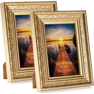 Edenseelake 4x6 Picture Frames Set of 2, Vintage Gold Photo Frame 4 by 6 for Tabletop or Wall Display