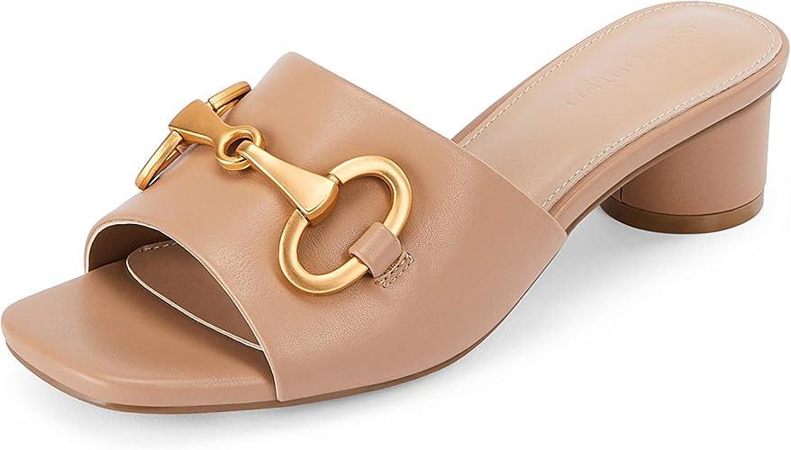 Coutgo Women's Slide Sandals Square Open Toe Slip on Comfortable Mules Block Low Heel Metal Chain Dressy Shoes 7
