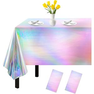 2 Pack Iridescent Tablecloth, 54" x 108" Birthday Party Table Cloths Iridescence Plastic Disposable Table Covers Iridescent Party Decorations, Birthday Decor Tablecloth for Buffet Table (Laser Color)