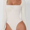 QINSEN Women's Sexy Square Neck Bodysuit Long Sleeve Double Lined Shirt Tops (White, S)
